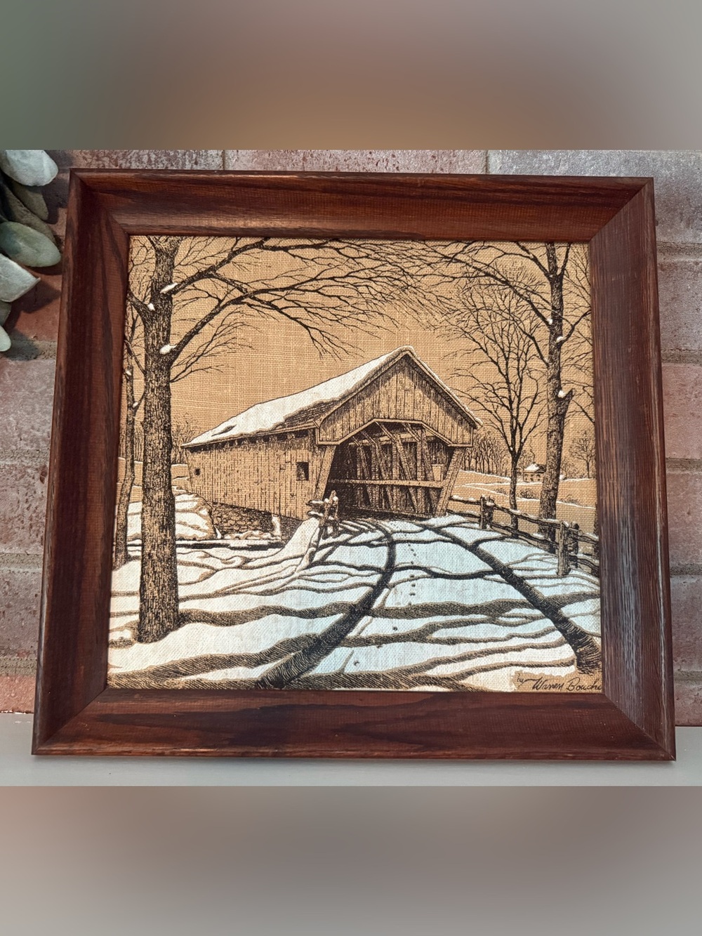 Vintage Rustic Farmhouse Warren Boucher Covered Bridge Winter Scene
